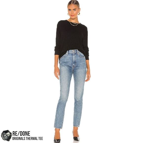 RE/DONE ORIGINALS WOMEN’S THERMAL KNIT LONG SLEEVE TEE SHIRT IN BLACK SIZE SMALL - Picture 4 of 13